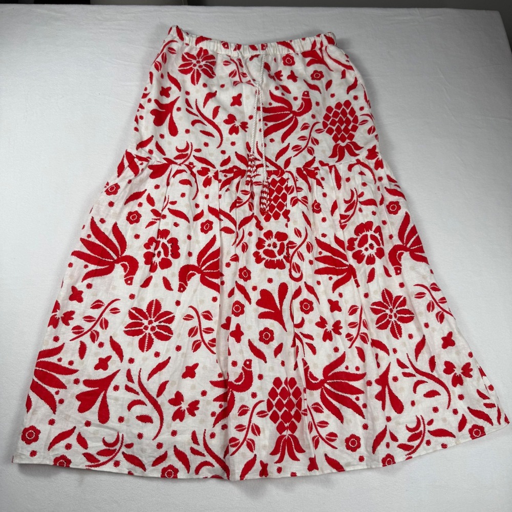 Cupcakes & Cashmere Linen Blend Midi Skirt M Red Folk Floral Mediterranean Boho